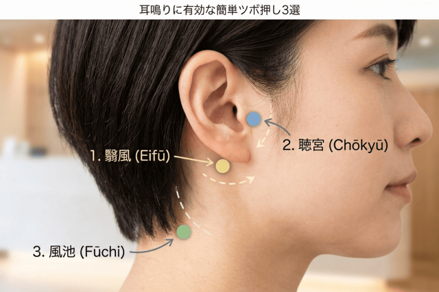 Three ear acupressure points for tinnitus relief: Eifū, Chōkyū, and Fūchi marked on the ear and neck area.