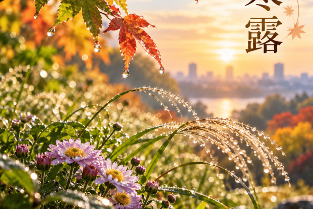露に輝く秋の朝景「寒露」
