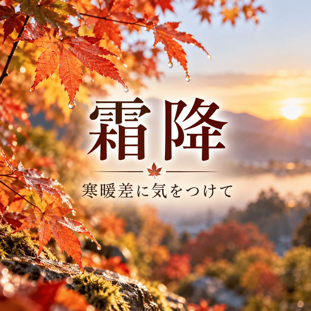 二十四節気の霜降を迎える秋の紅葉と朝露。寒暖差への注意を呼びかける画像